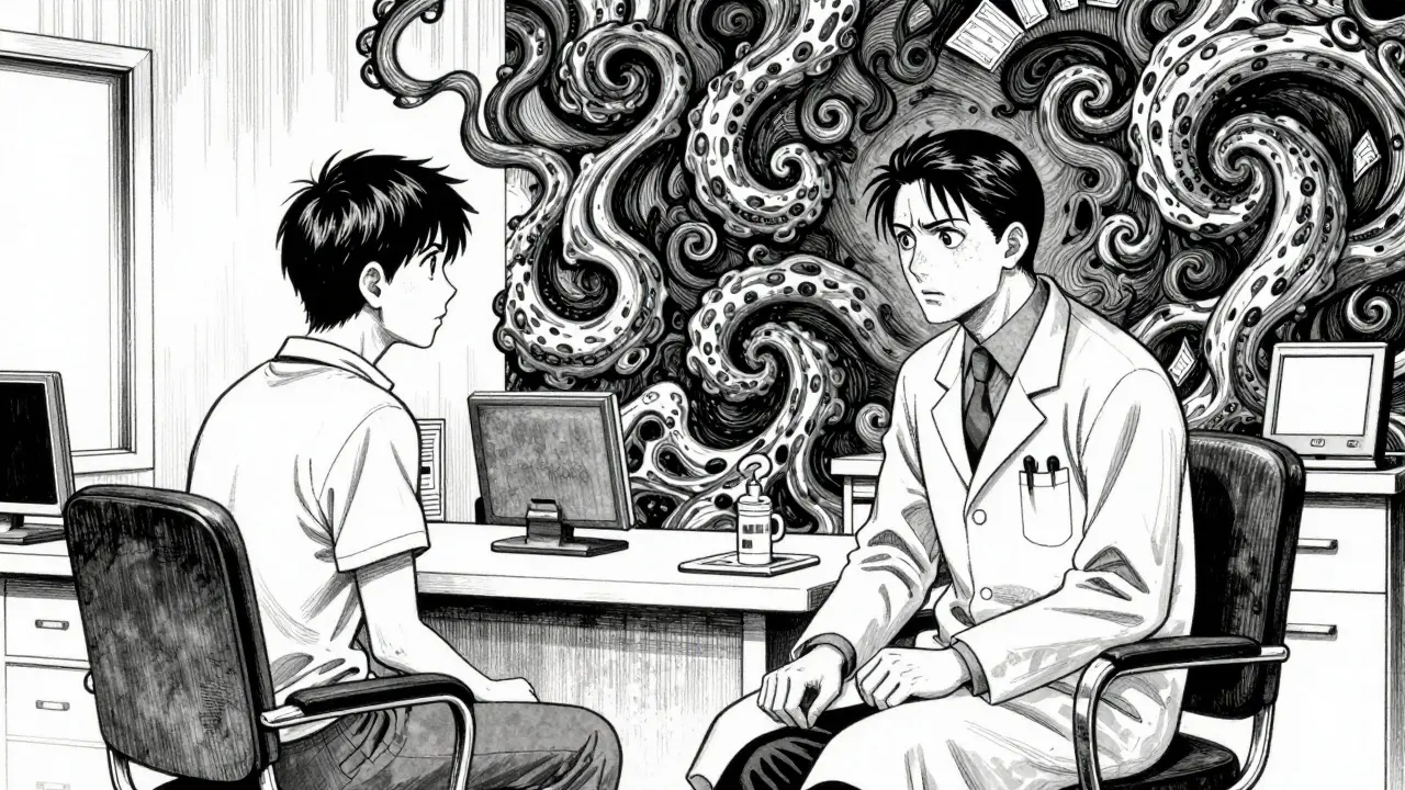 A doctor and patient in an office with surreal spirals of anxiety between them in a manga style.