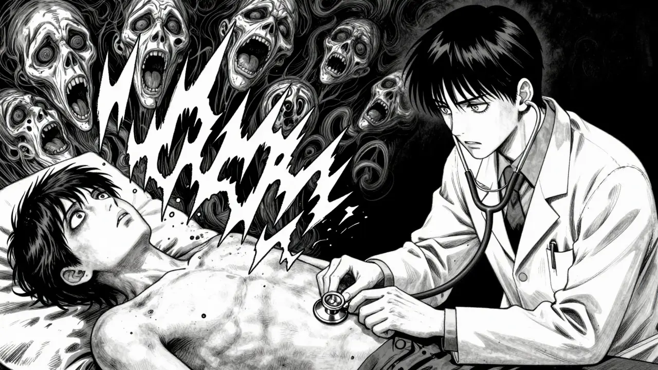 A doctor using a stethoscope to hear an abdominal bruit in a dark manga style.