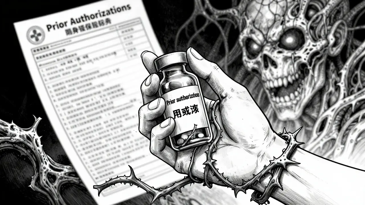 A hand holding a pill bottle entwined by thorny vines and distorted medical documents in a manga style.