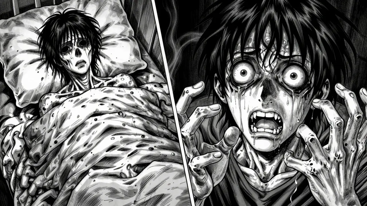 Contrast between a frail, cold person and a manic, wide-eyed person in a dark manga style.