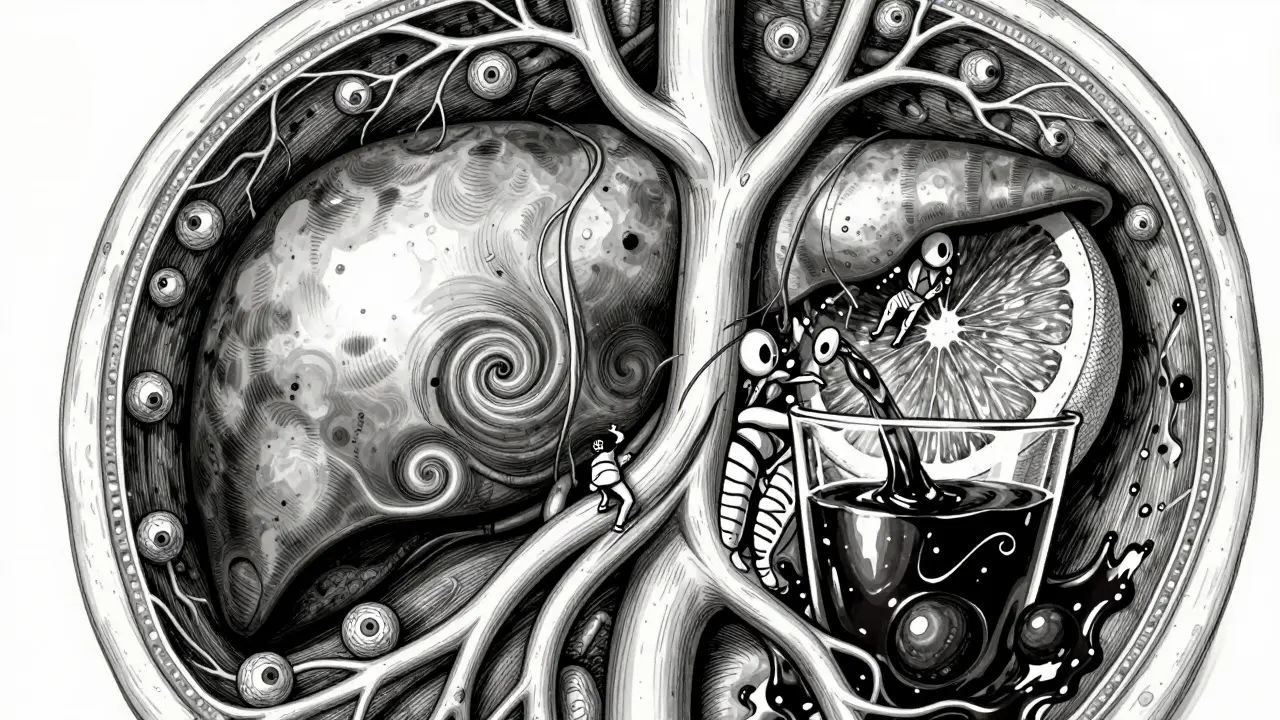 Detailed anatomical manga art of a liver and bloodstream with swirling patterns and liquid flows.