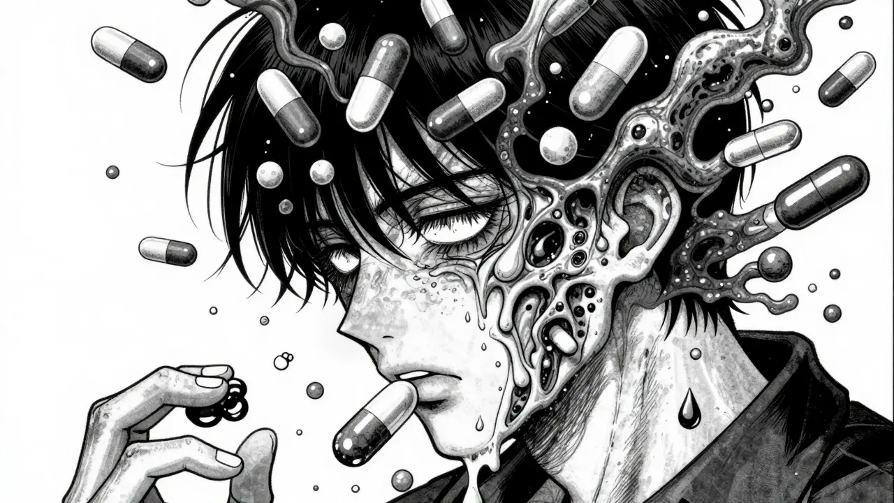 Distorted face surrounded by melting pills in a dark horror manga style.