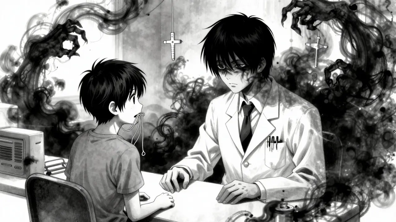 Doctor and patient separated by swirling mist representing silence.