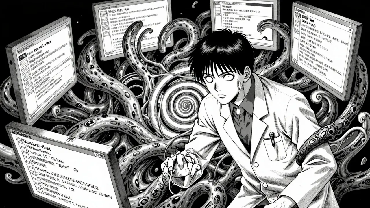 Horror manga art of a doctor trapped by a swirling, tentacle-like electronic health record system.
