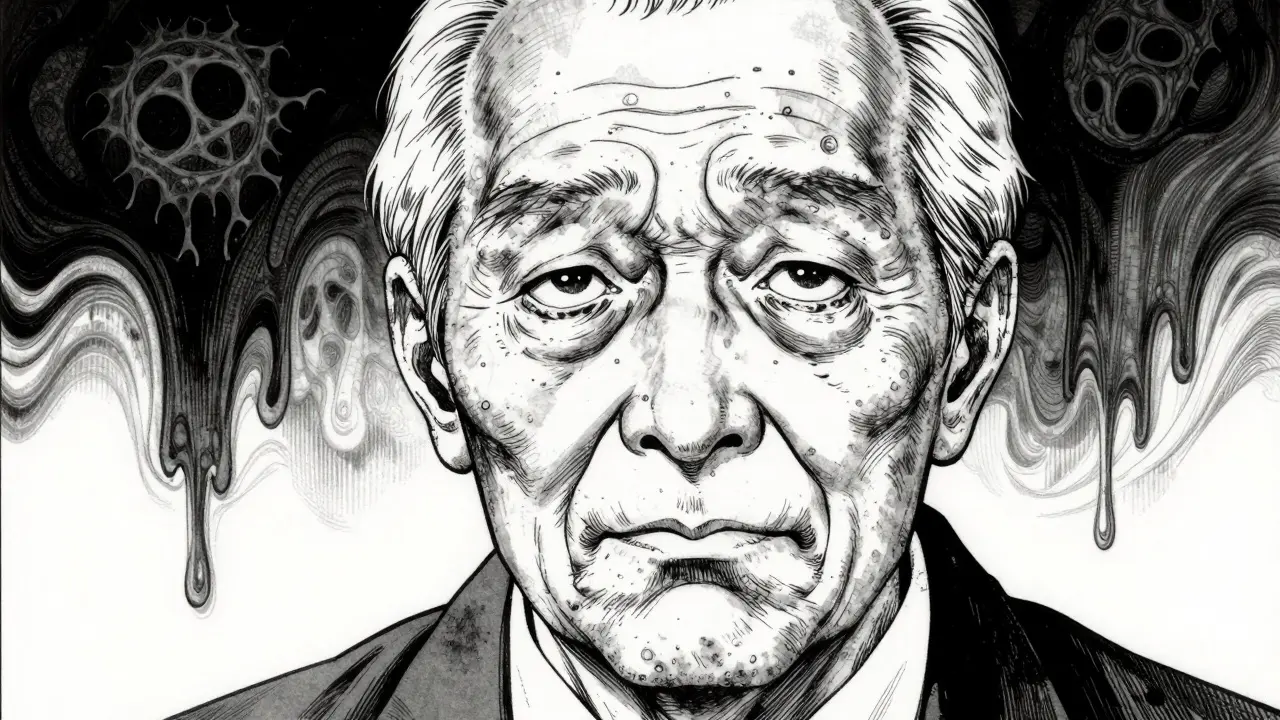Horror manga close-up of a confused elderly person with a warping background.