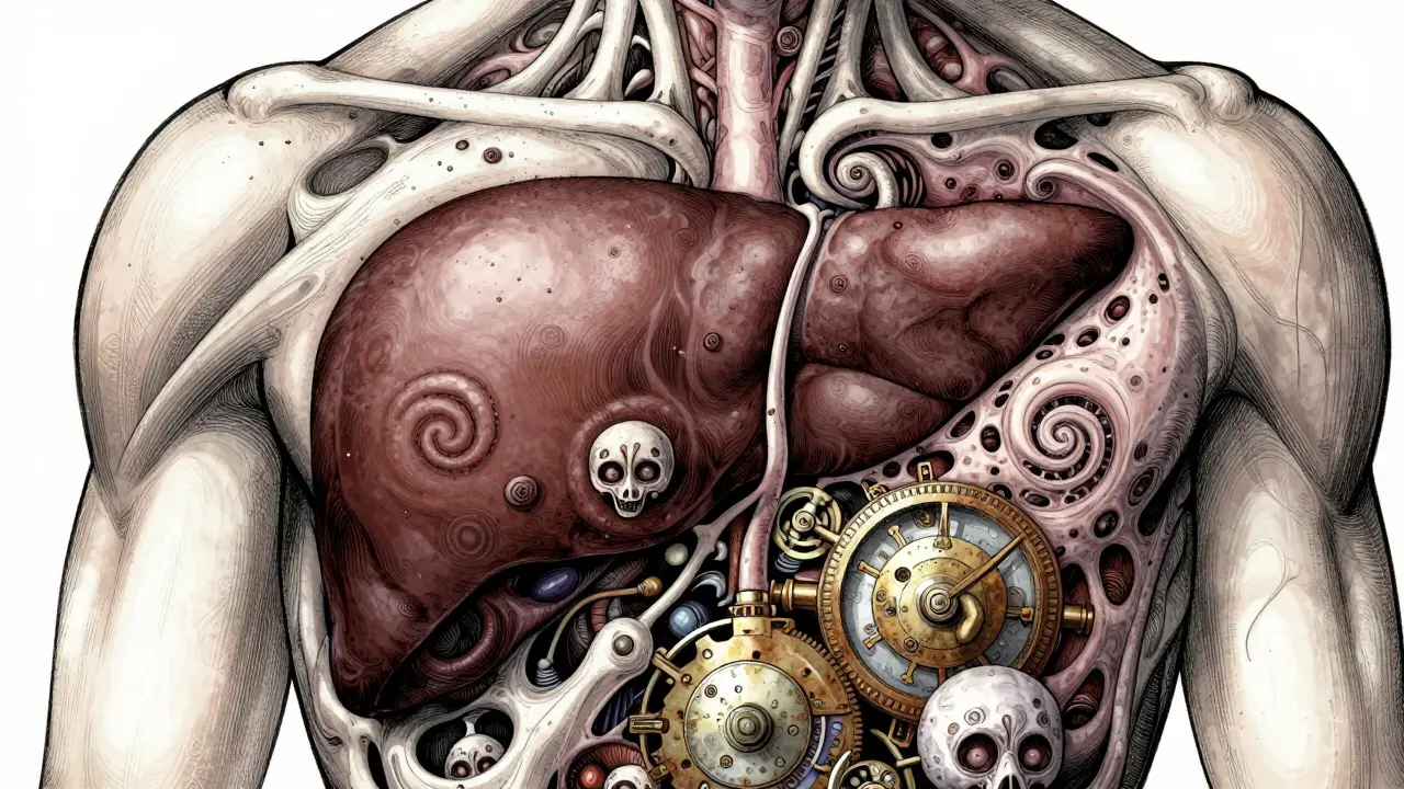 Horror manga depiction of a distorted liver with grotesque organic patterns.