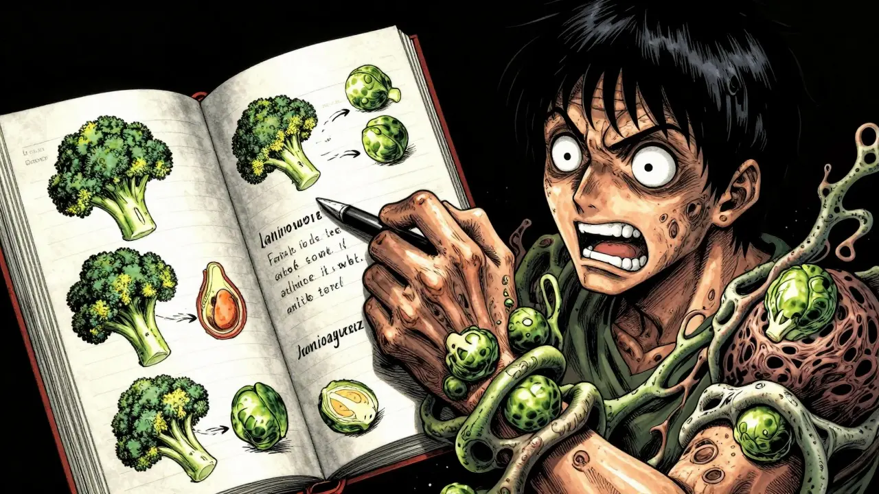 Horror manga depiction of a person with a food diary and twisting vegetable growths.