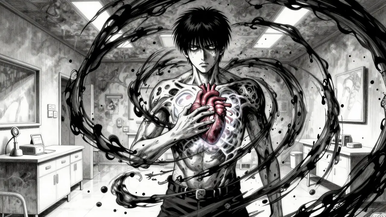 Horror manga depiction of a thyroid storm with a distorted heart and spiraling ink patterns.
