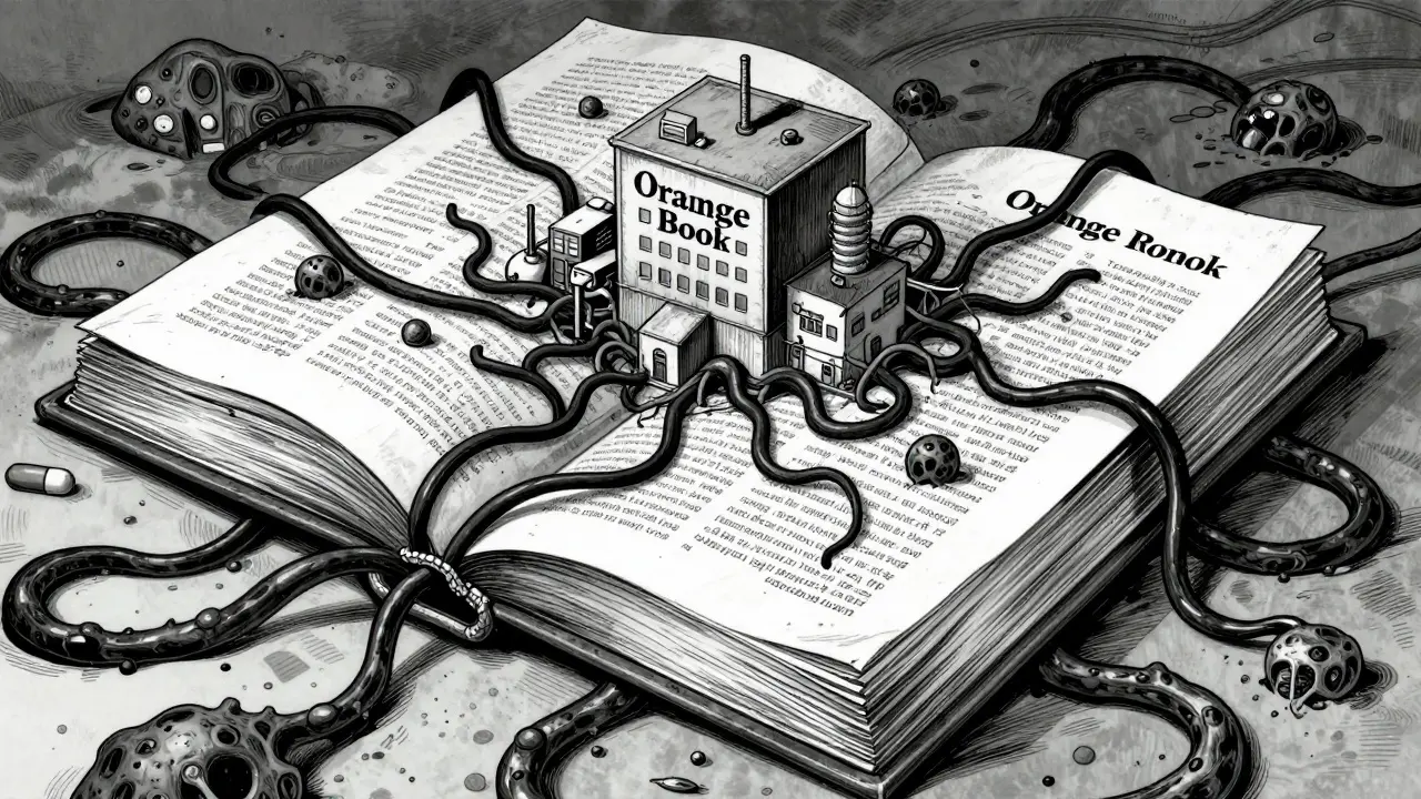 Junji Ito style art of a grotesque book with tendrils trapping generic drug factories.