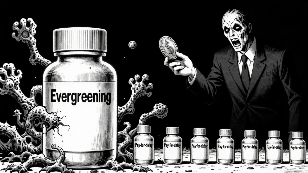 Junji Ito style art of a mutating drug bottle blocking generics and a corrupt deal.