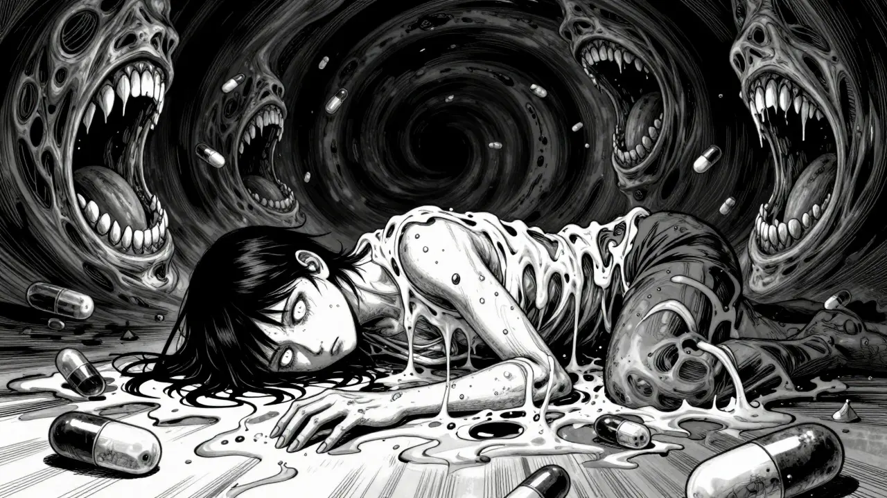 Manga illustration of a sedated person melting into the floor amidst dark spirals.