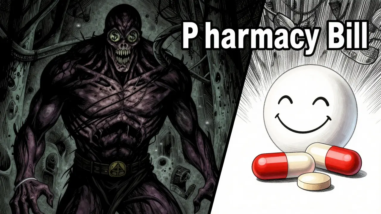 Monstrous bill versus generic pills in Junji Ito manga style