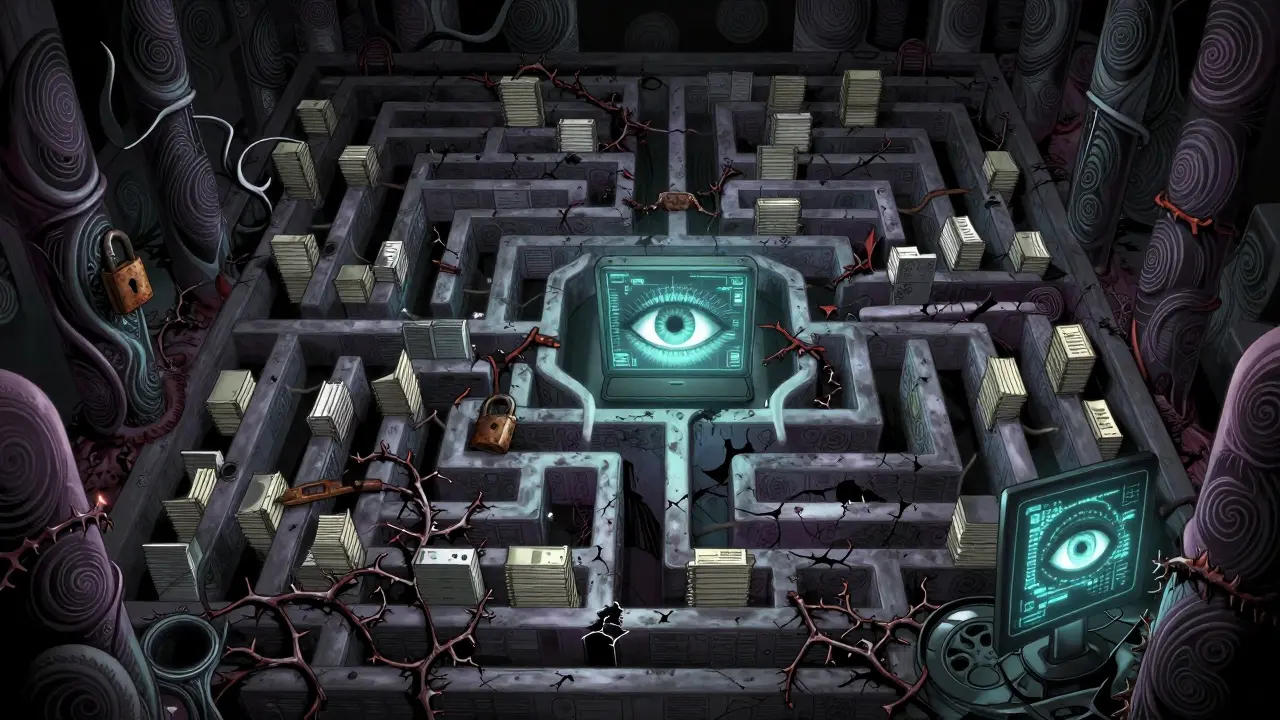Organic data labyrinth showing blocked access routes for patients.