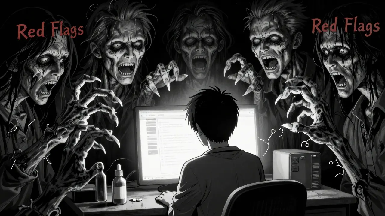 Person using a computer with eerie shadows in Junji Ito manga style