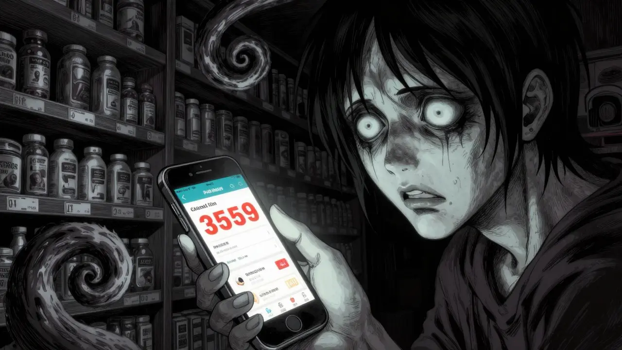 Person with wide eyes looking at a pharmacy discount app in a surreal manga style.