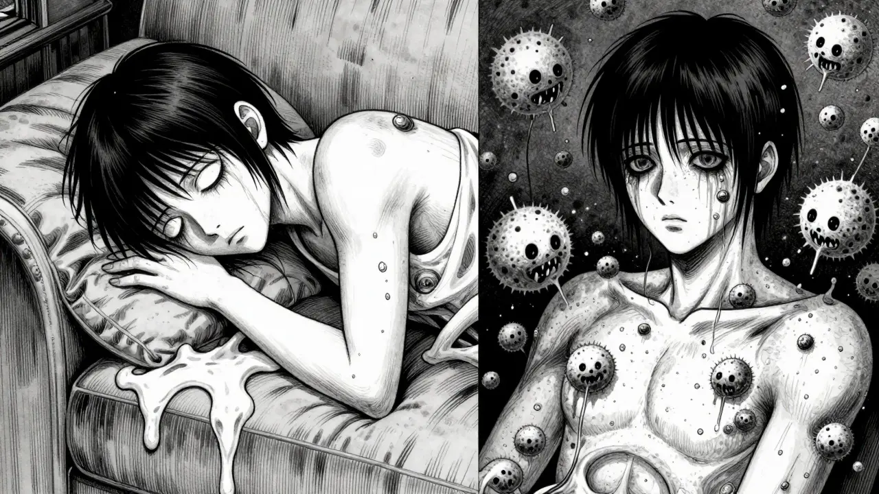 Split manga art showing a sedated person and a person surrounded by grotesque pollen.