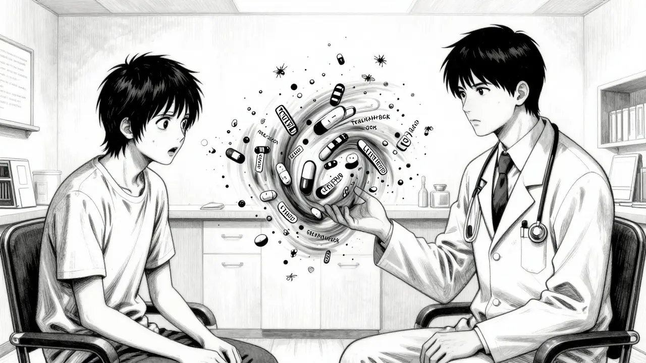 Surreal manga art of a doctor and patient exchanging medical information via a vortex.