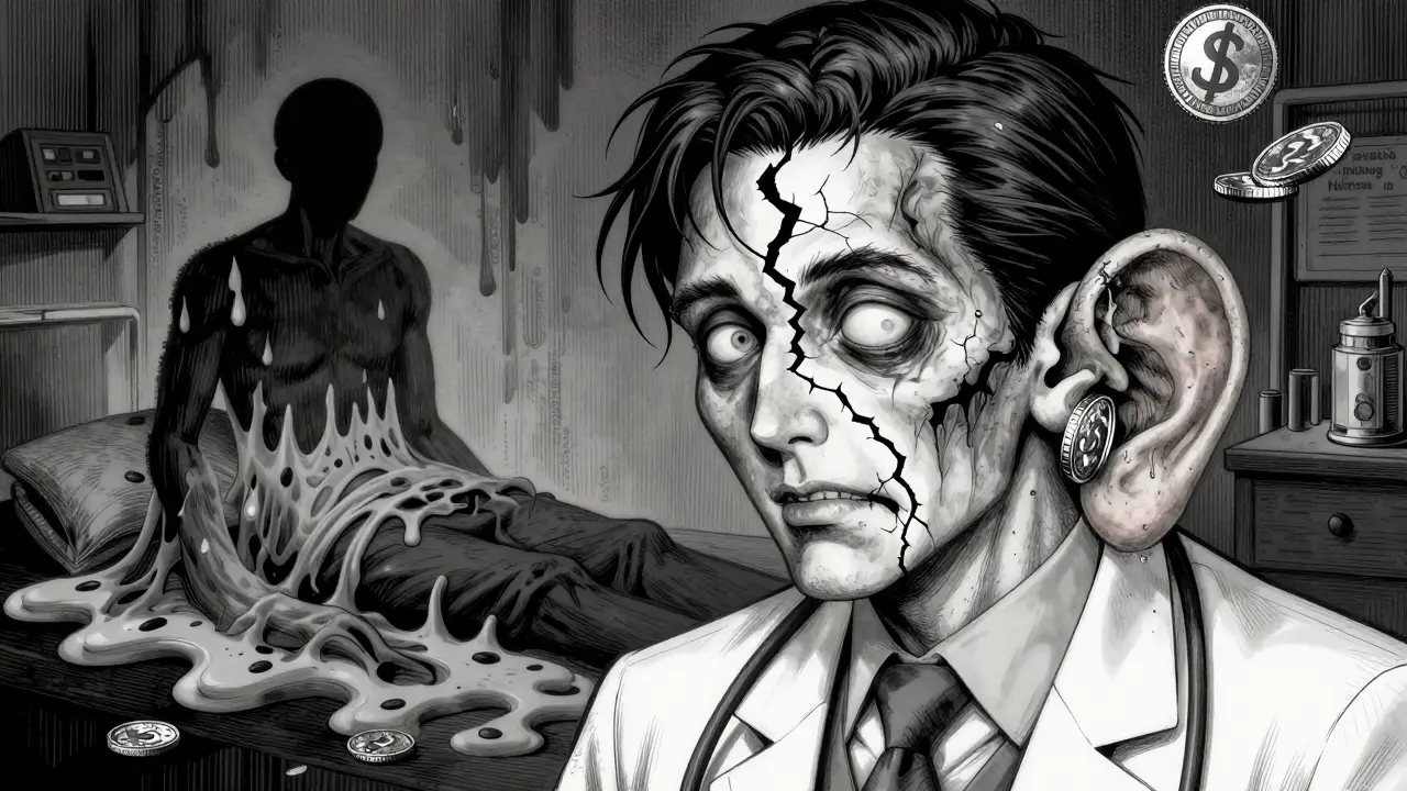 Surreal manga illustration of a doctor's face splitting to show the conflict between care and profit.