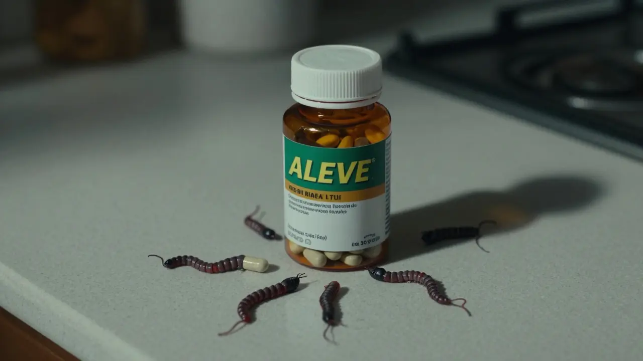 Aleve bottle with pills subtly mutating into creepy shapes