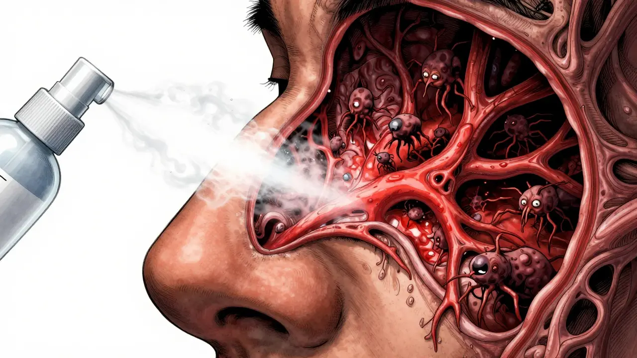 Anatomical nose cross-section showing inflammation and healing mist