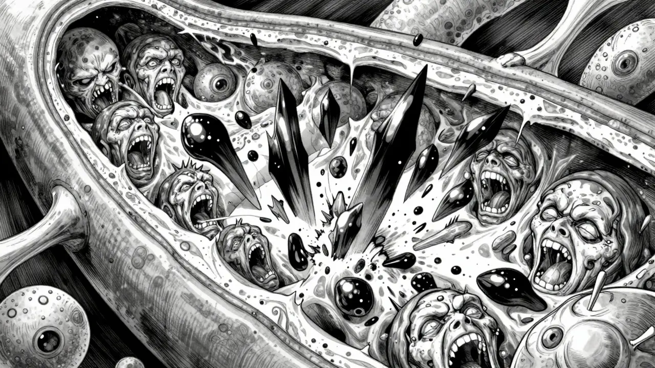 Artery rupture with sharp clots and monstrous cells in black and white manga art.