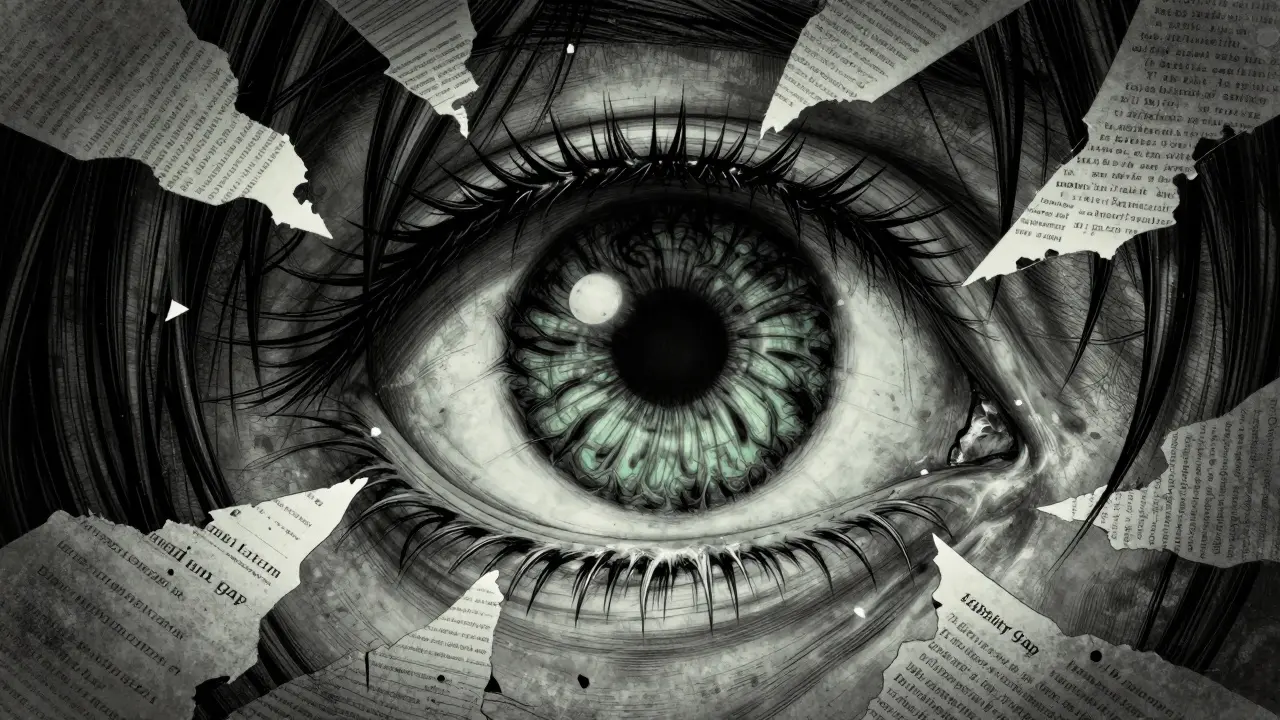 Distorted eye spiraling into abyss surrounded by legal fragments