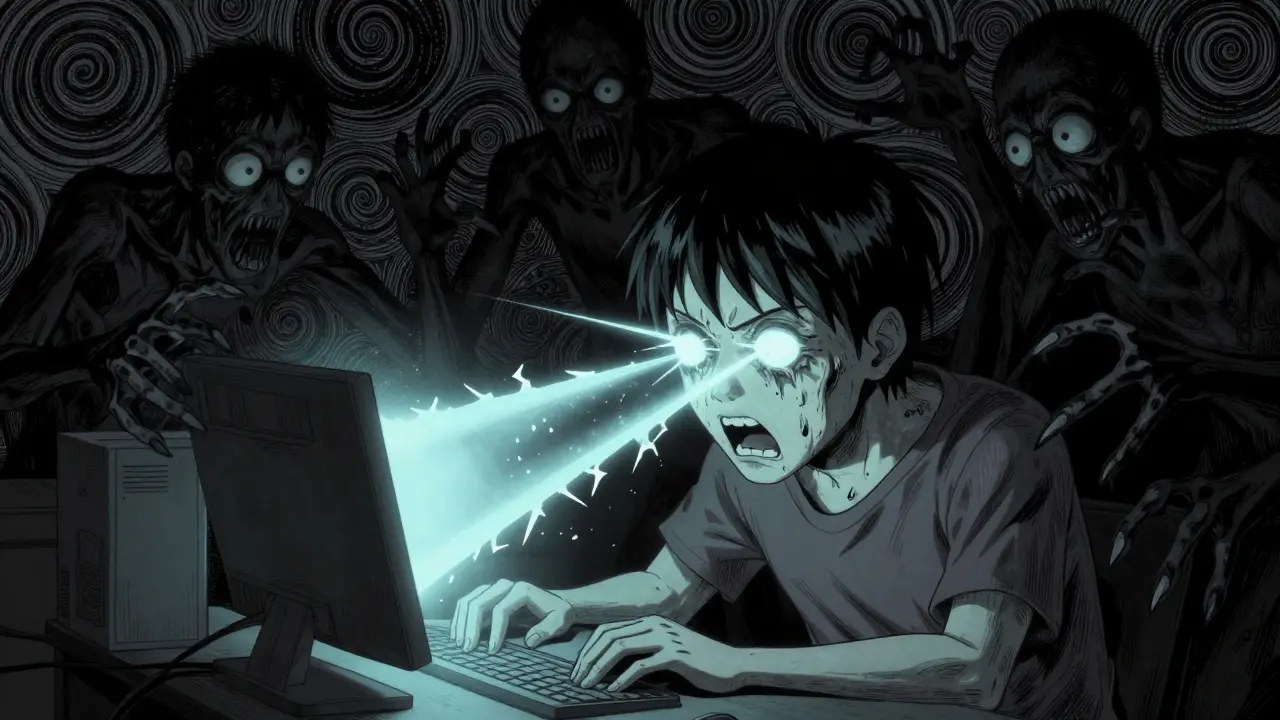 Distorted face staring at scary screen with shadowy monster figures reaching out