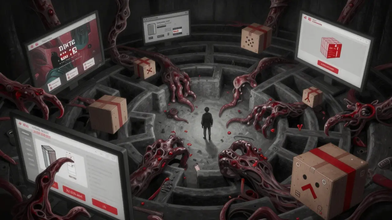 Distorted online shopping screens forming a terrifying maze