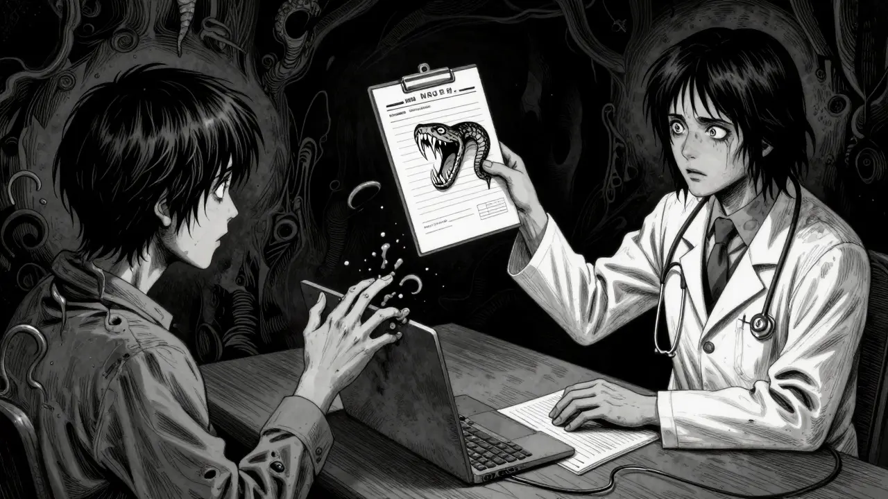 Doctor's hand offering a prescription that turns into a snake in surreal horror art.