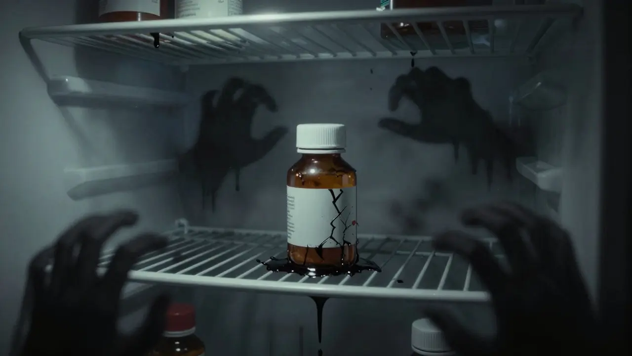 Eerie fridge interior with shadowy figures surrounding a degrading medicine bottle
