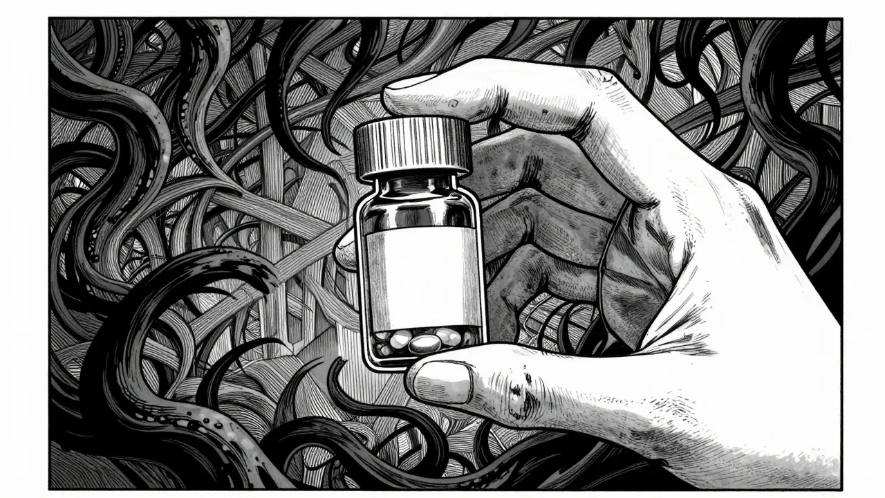 Generic pill bottle surrounded by ominous shadows