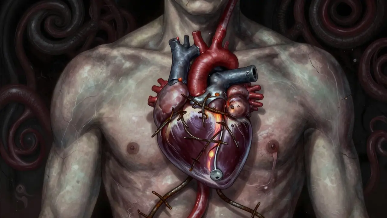 Human torso with rusted metal stents embedded in heart tissue, eerie horror style.