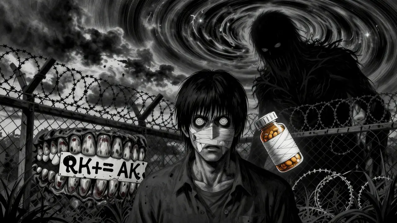 Man facing tooth-fence border with monster offering pills in Junji Ito style