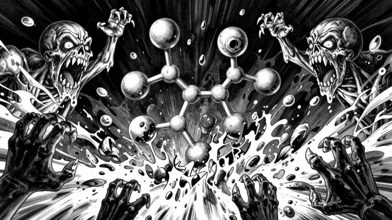 Manga style art of water droplets destroying antibiotic molecules in agony