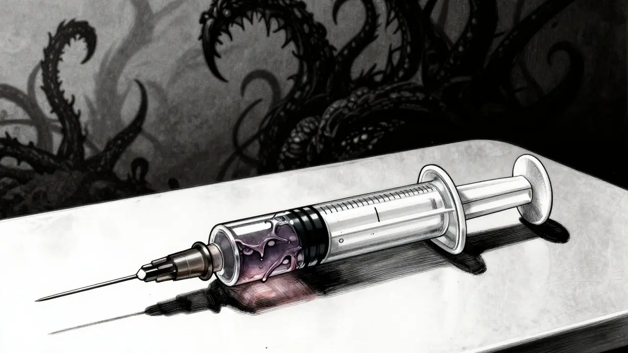 Menacing syringes with insect-like needles casting nightmare shadows