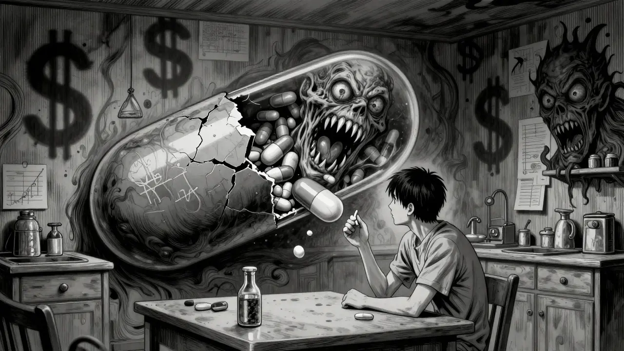 Monstrous combination pill with teeth and eyes cracking open on a table