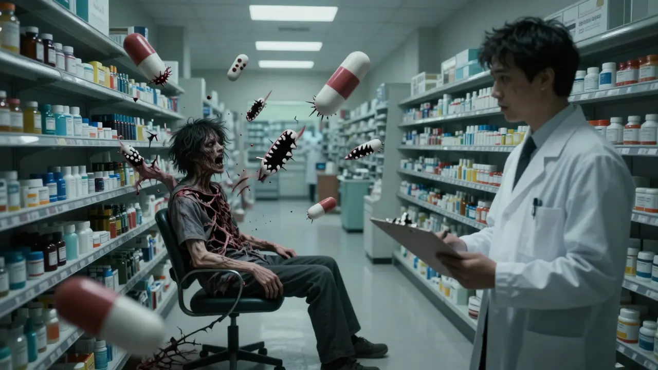 Patient contorting from toxic pills in surreal pharmacy horror scene
