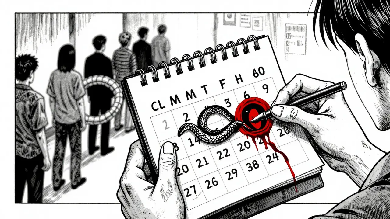 Pharmacist's skeletal hands holding a calendar turning into a coiling snake
