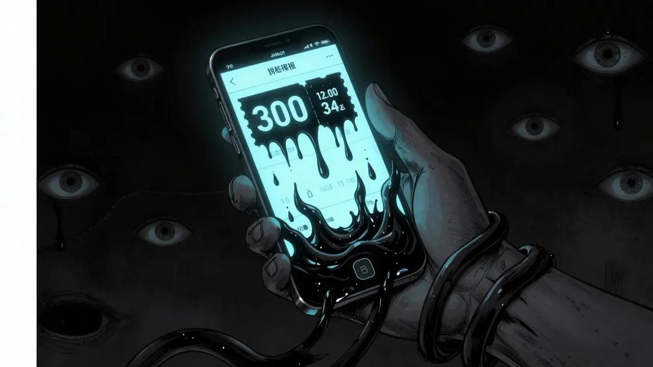 Smartphone with melting coupon app and tentacles in Junji Ito horror style