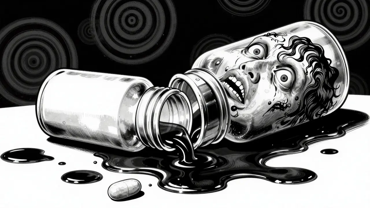 A disturbing close-up of a fake medicine bottle spilling black slime that forms screaming faces. The artwork captures Junji Ito's signature blend of body horror and surrealism, warning against illegal pharmaceutical sources.