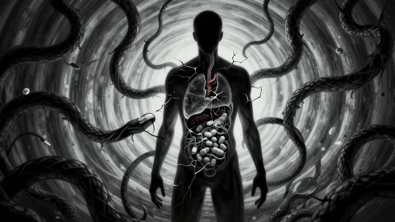 A human figure with cracking organs surrounded by swirling dark tendrils of risk.