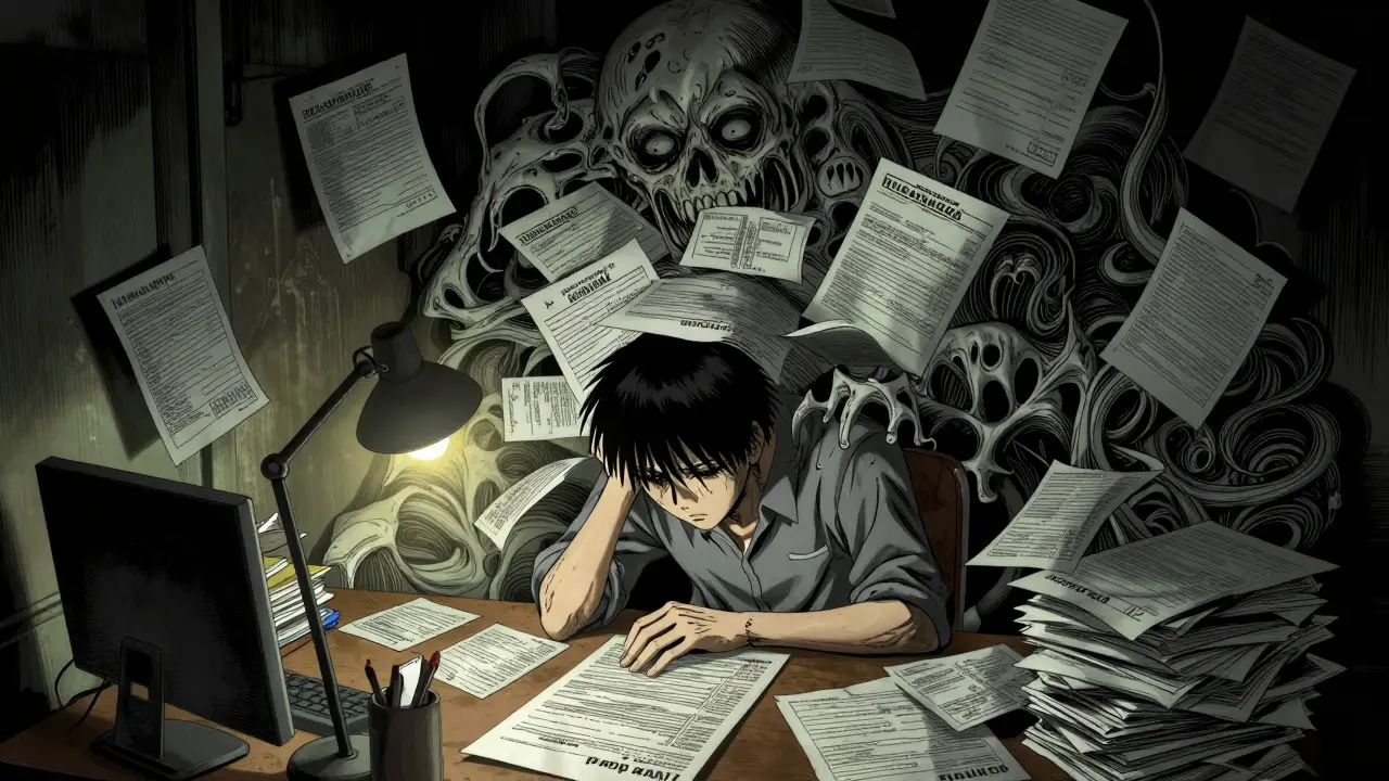 A patient overwhelmed by monstrous insurance paperwork in a dark, chaotic room.