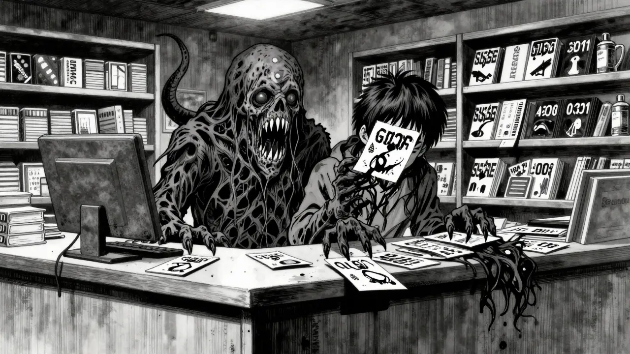 An eerie scene at a pharmacy where GoodRx discount coupons morph into horrifying monsters. The image uses stark contrasts and intricate ink lines to convey the psychological stress of navigating high drug costs.
