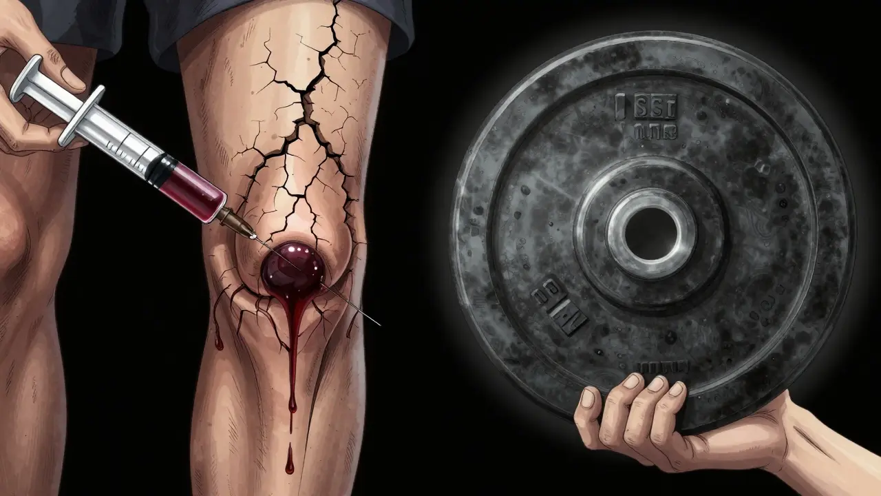 Anime art contrasting dangerous steroid injection with safe weights