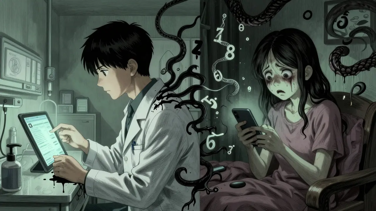 Anime horror art showing the chaotic divide between clinical dosing apps and home tracking tools.