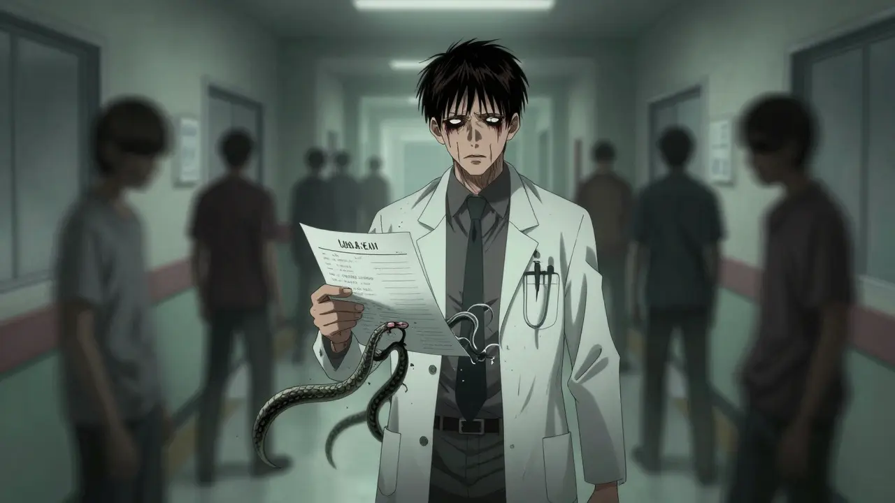 Doctor overwhelmed by melting prescriptions symbolizing traceability challenges.