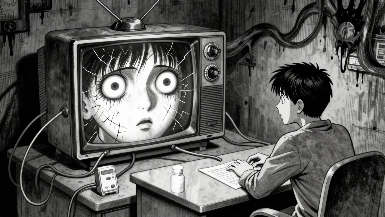 Eerie TV screen showing doctor connected by wire-like cables