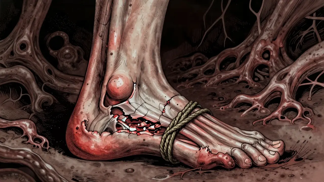 Frayed Achilles tendon depicted with grotesque detail in Junji Ito style
