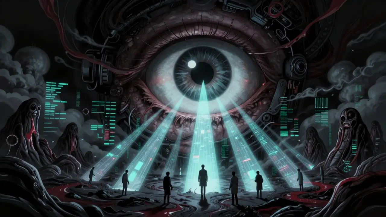 Giant mechanical eye scanning data streams representing AI safety monitoring.
