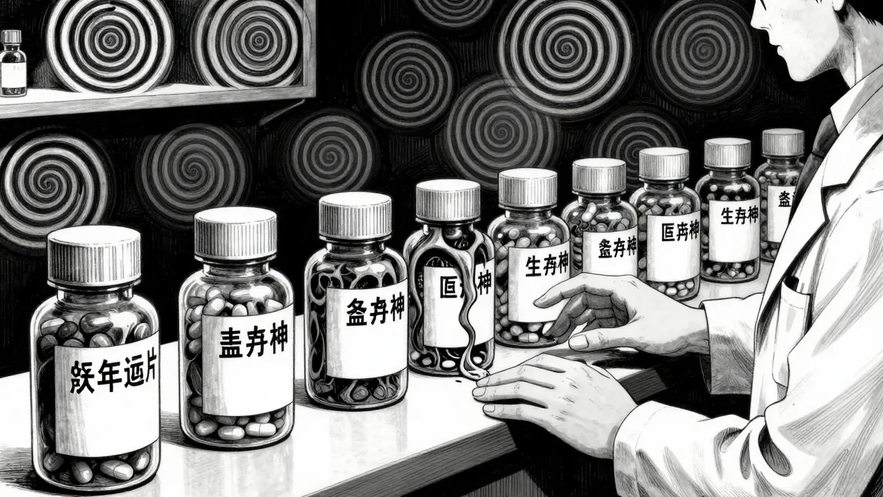Grotesque pill bottles morphing with spiral horror patterns